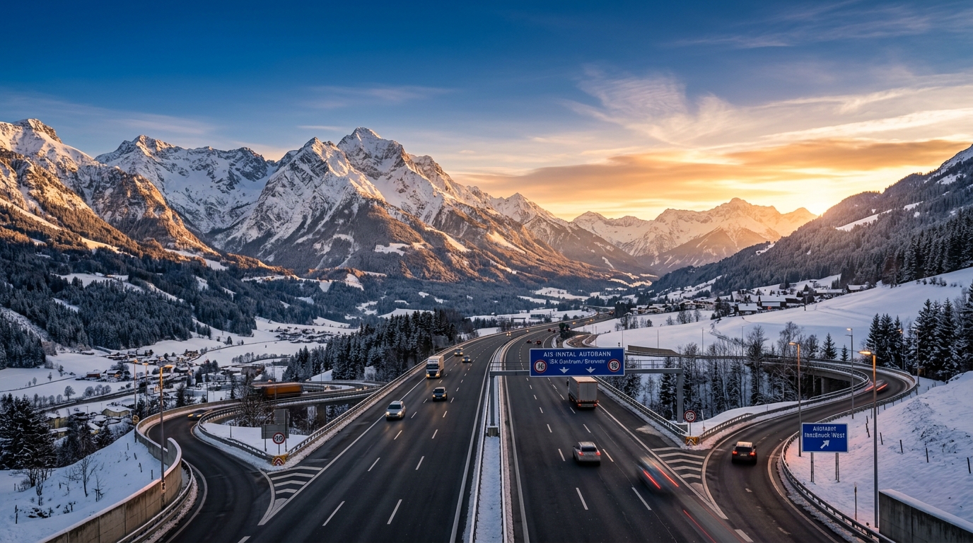 Österreichische Alpenautobahn bei Sonnenuntergang