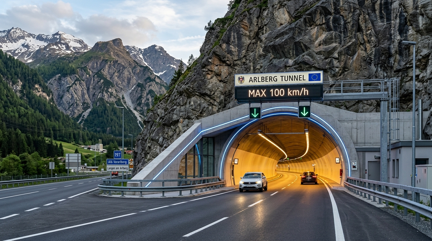 Moderne beleuchtete Tunnelanlage in den Alpen